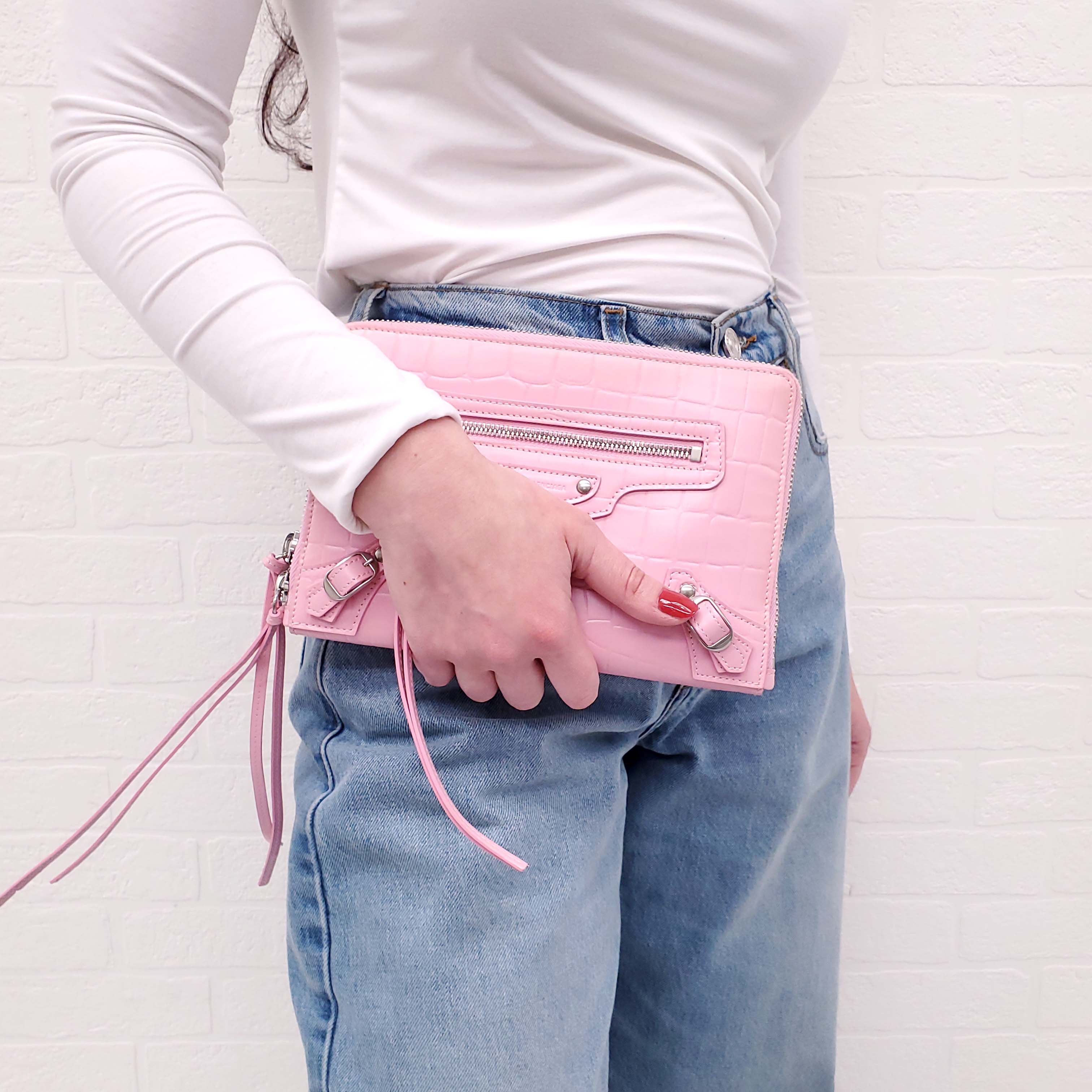 BALENCIAGA PINK CROCODILE NEO CITY CROSSBODY BAG