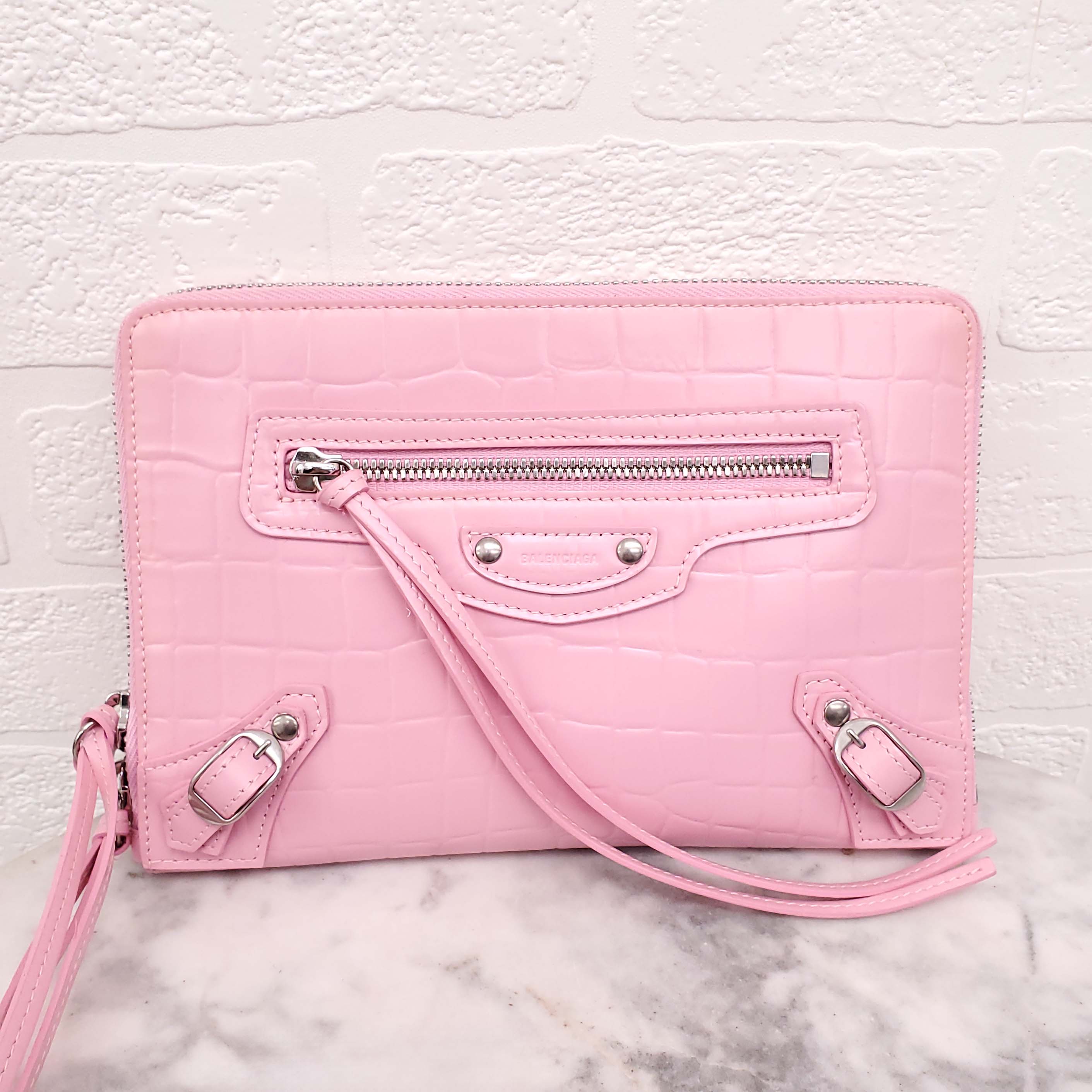 BALENCIAGA PINK CROCODILE NEO CITY CROSSBODY BAG