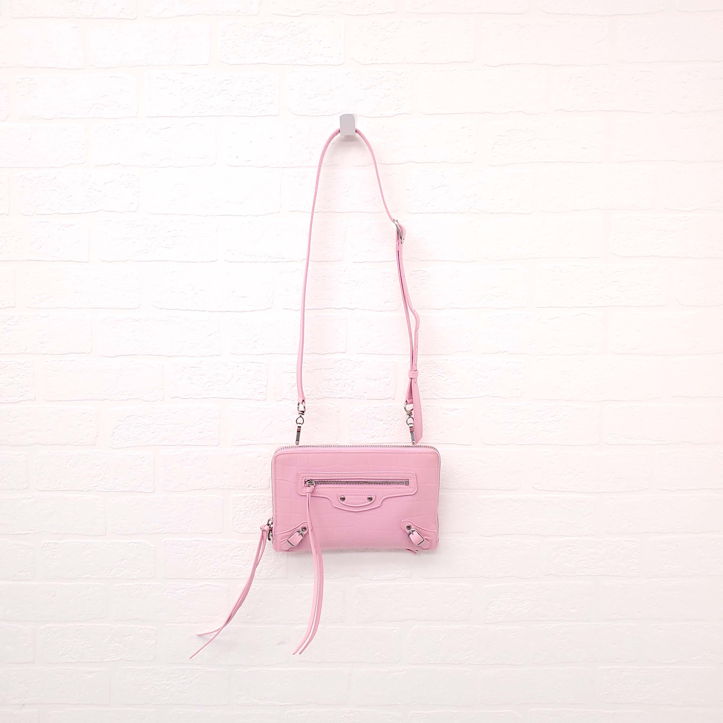 BALENCIAGA PINK CROCODILE NEO CITY CROSSBODY BAG