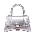 BALENCIAGA SILVER HOURGLASS EXTRA SMALL CROC EMBOSSED TOP HANGLE BAG