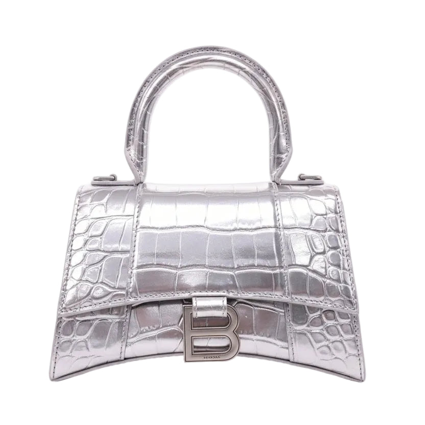 BALENCIAGA SILVER HOURGLASS EXTRA SMALL CROC EMBOSSED TOP HANGLE BAG
