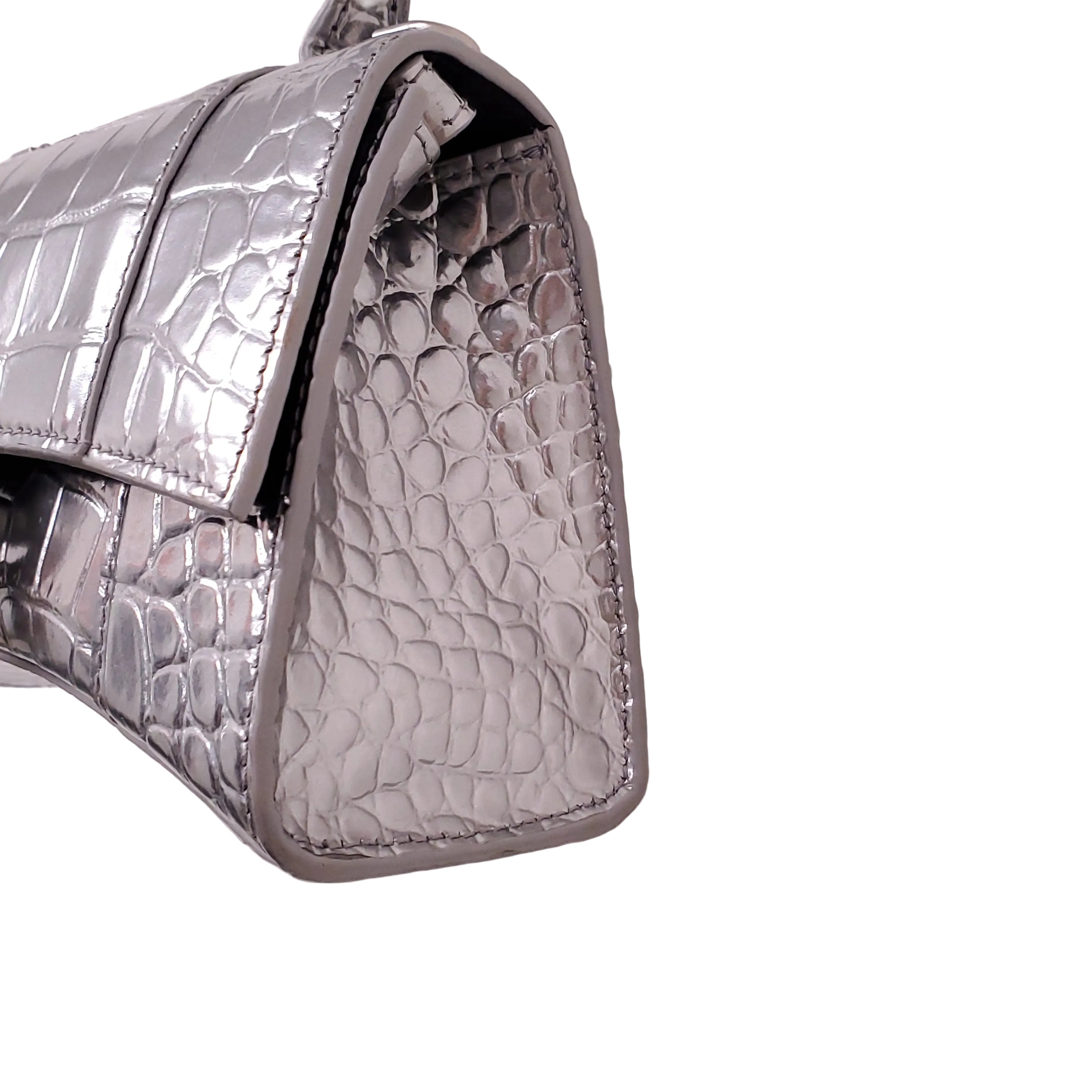BALENCIAGA SILVER HOURGLASS EXTRA SMALL CROC EMBOSSED TOP HANGLE BAG