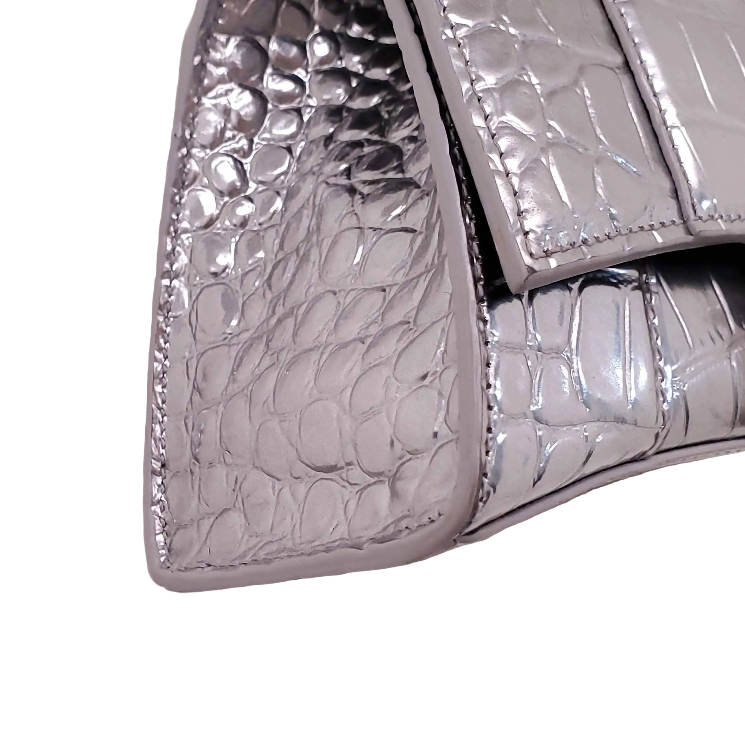 BALENCIAGA SILVER HOURGLASS EXTRA SMALL CROC EMBOSSED TOP HANGLE BAG