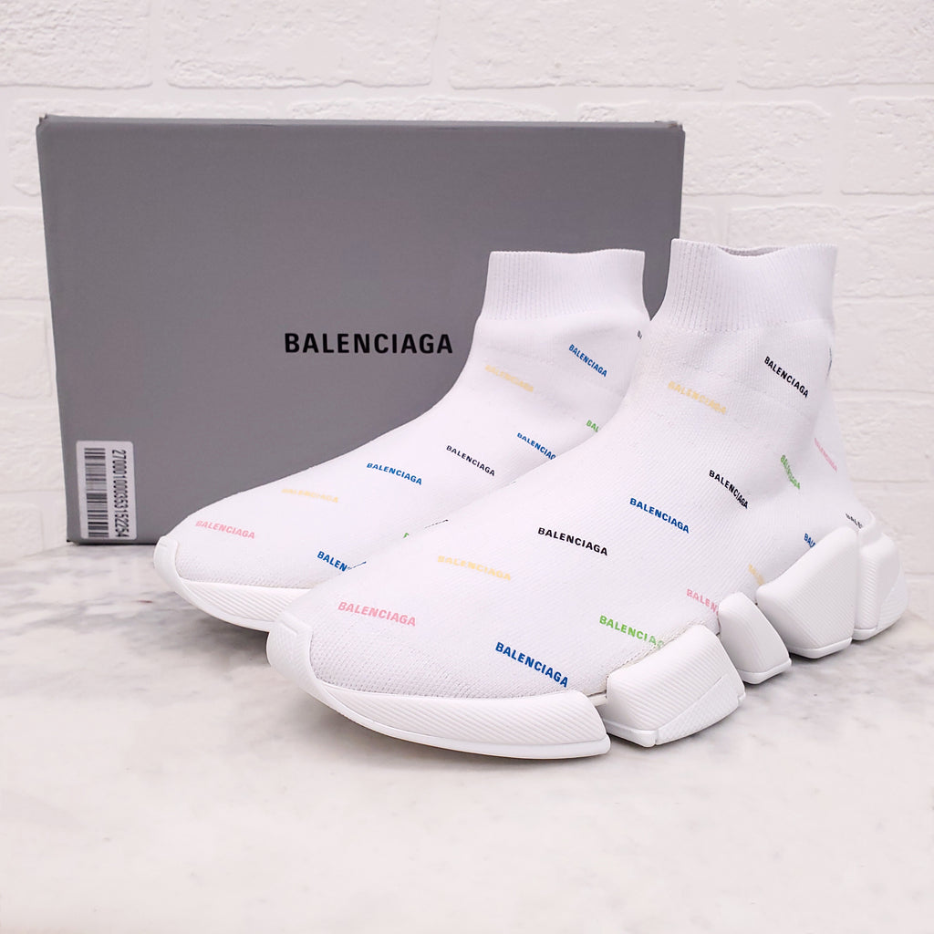 BALENCIAGA WHITE RAINBOW LOGO SOCK SNEAKERS - SIZE 40