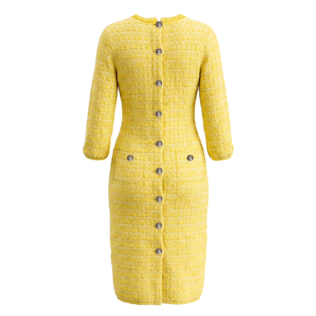 BALENCIAGA WOVEN MIDI PENCIL TWEED DRESS WITH LOGO BUTTONS - SIZE M