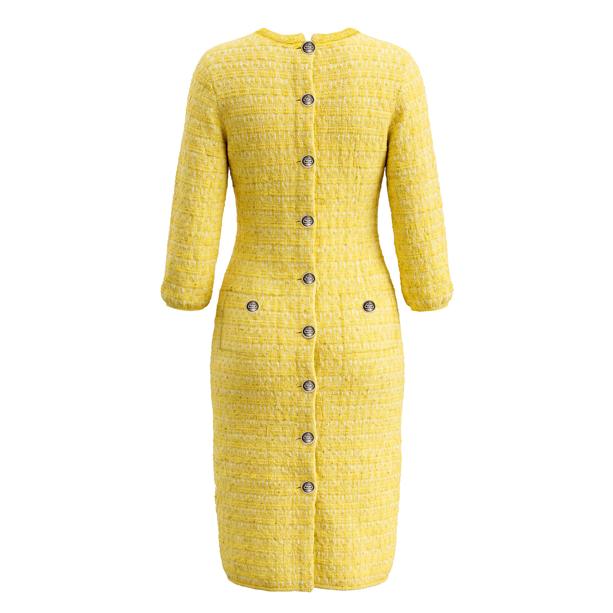 BALENCIAGA WOVEN MIDI PENCIL TWEED DRESS WITH LOGO BUTTONS - SIZE M