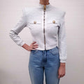 BALMAIN BABY BLUE PATTERNED SWEATER JACKET WITH GOLD LOGO BUTTONS - SIZE 36
