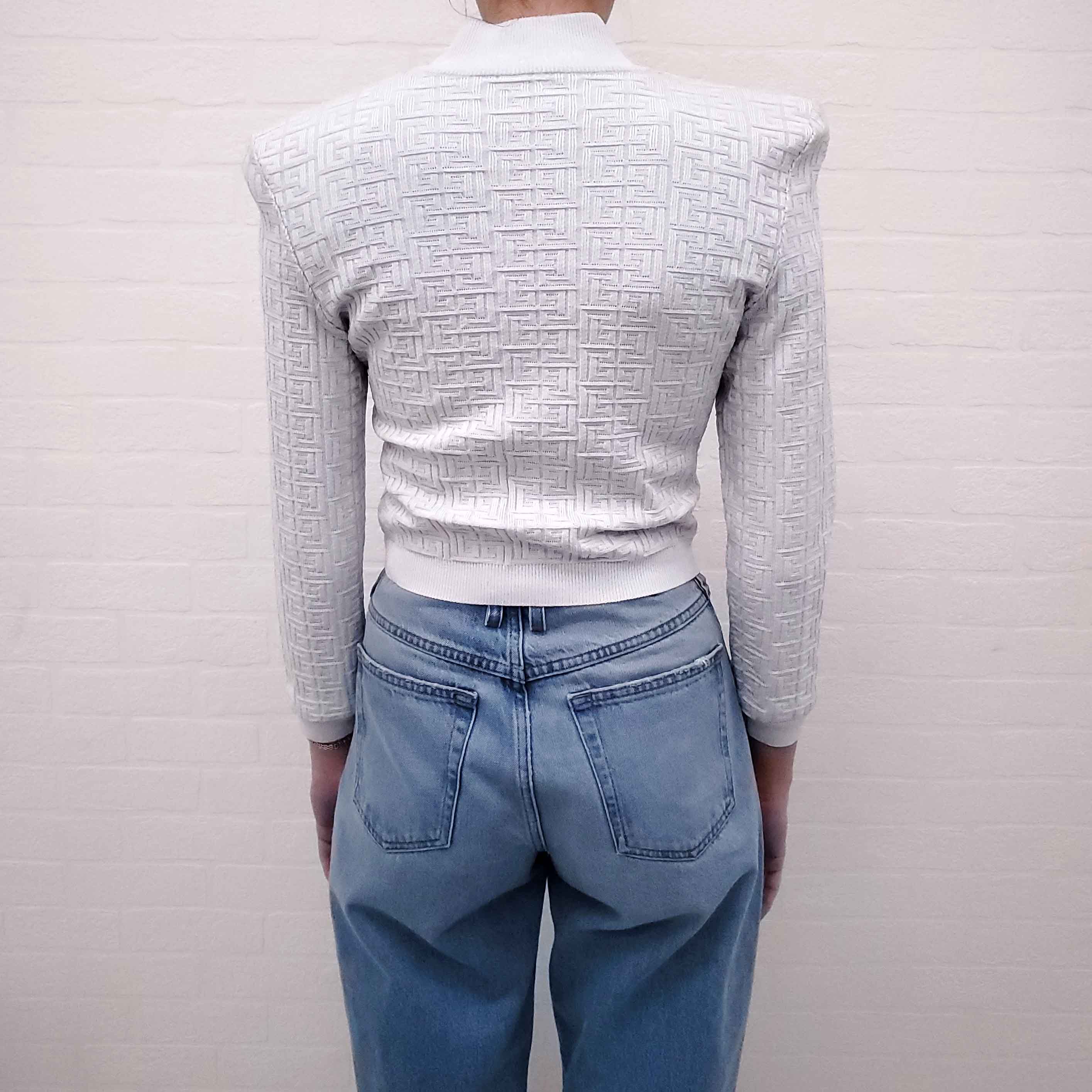 BALMAIN BABY BLUE PATTERNED SWEATER JACKET WITH GOLD LOGO BUTTONS - SIZE 36