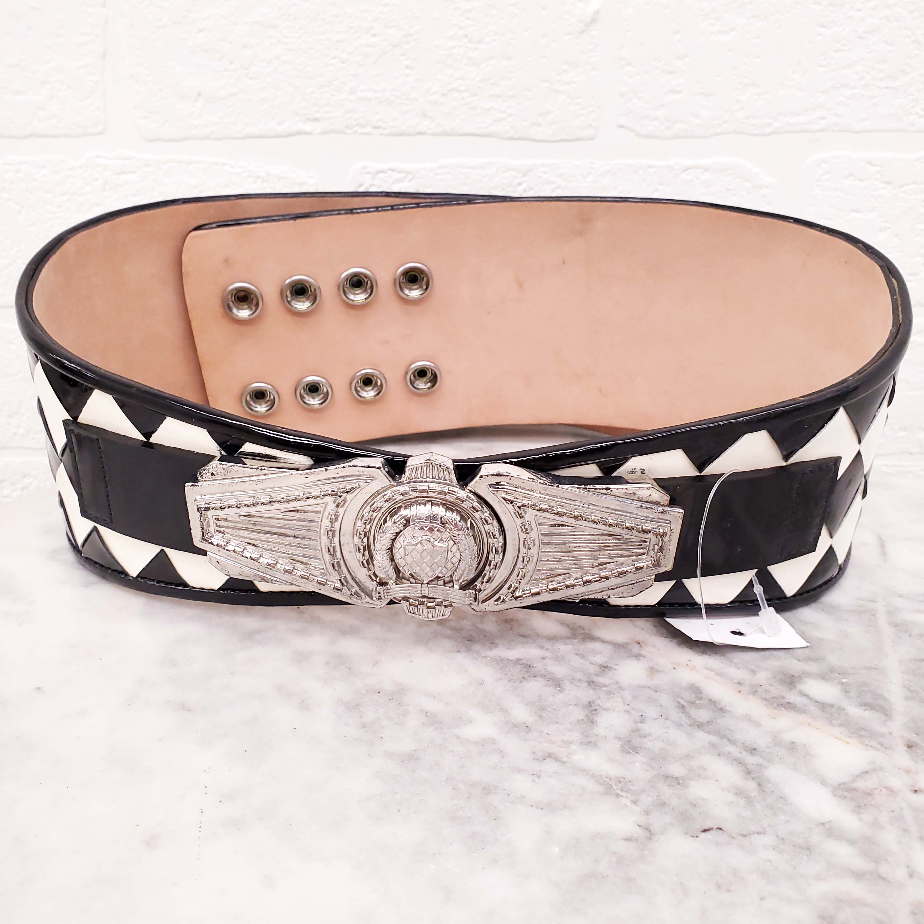 BALMAIN BLACK AND WHITE PATENT WITH SILVER MEDALLIONS WAIST BELT - SIZE 38