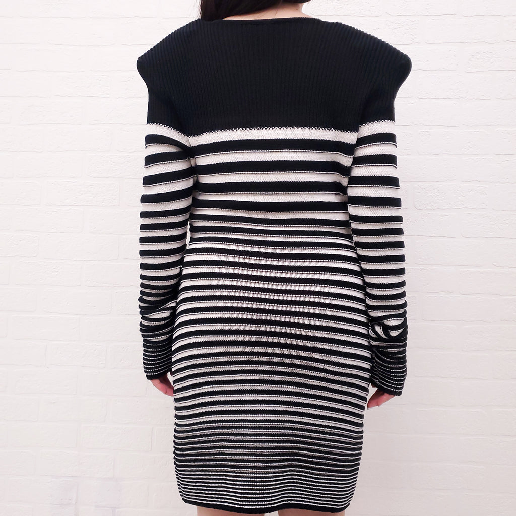 BALMAIN BLACK AND WHITE STRIPED SAILOR STYLE KNIT DRESS - SIZE 42