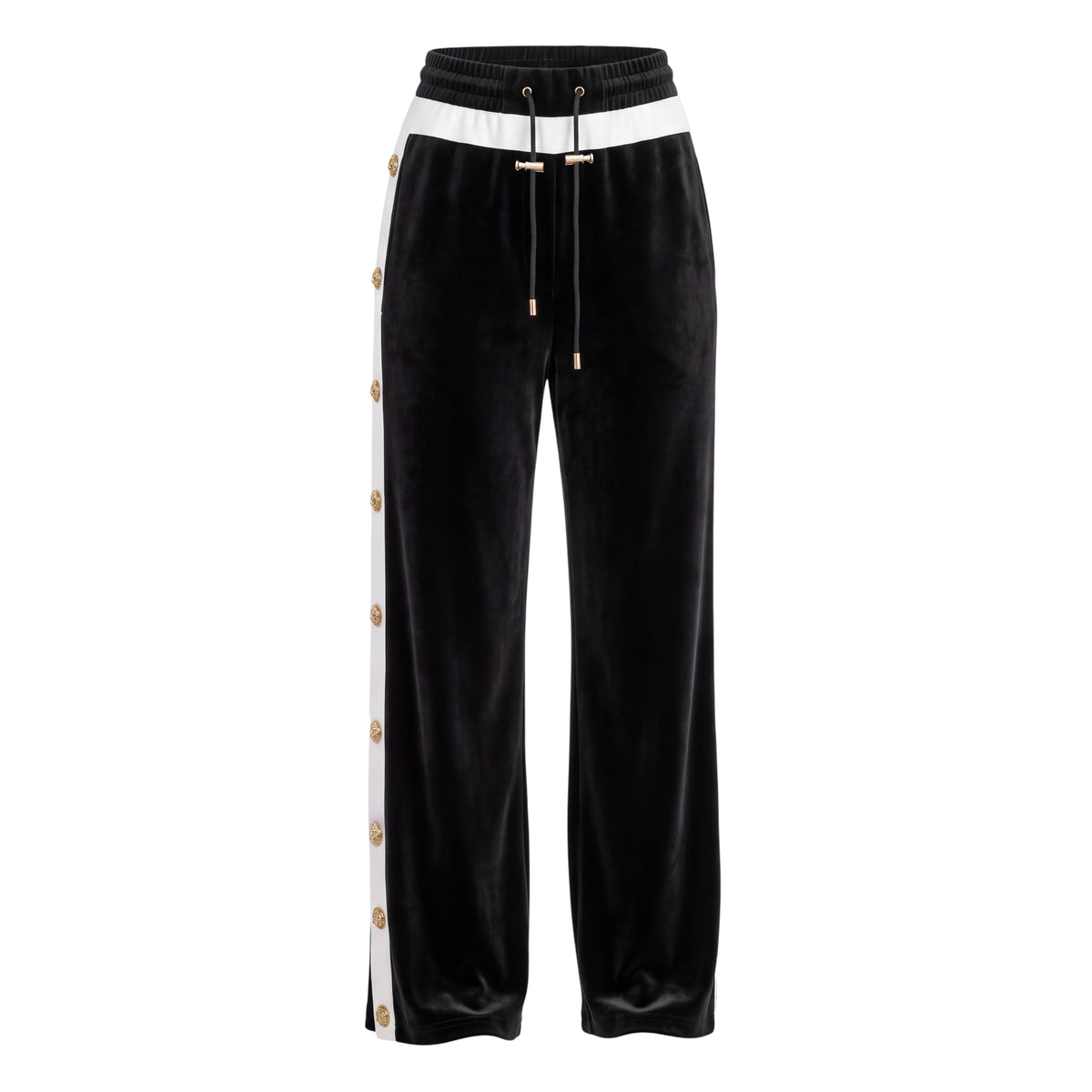 BALMAIN BLACK AND WHITE VELVET LOGO BUTTON TROUSERS - SIZE 38