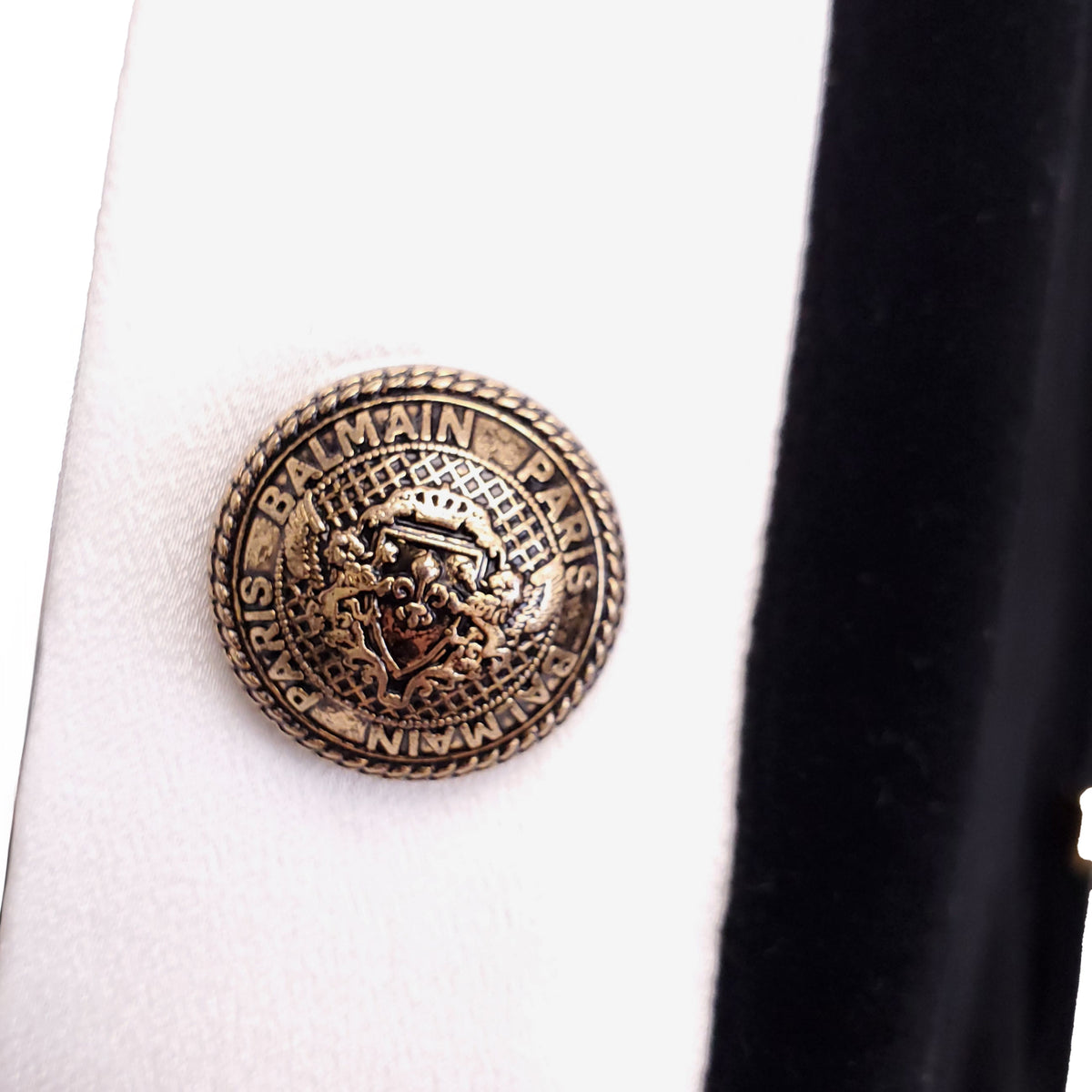 BALMAIN BLACK AND WHITE VELVET LOGO BUTTON TROUSERS - SIZE 38
