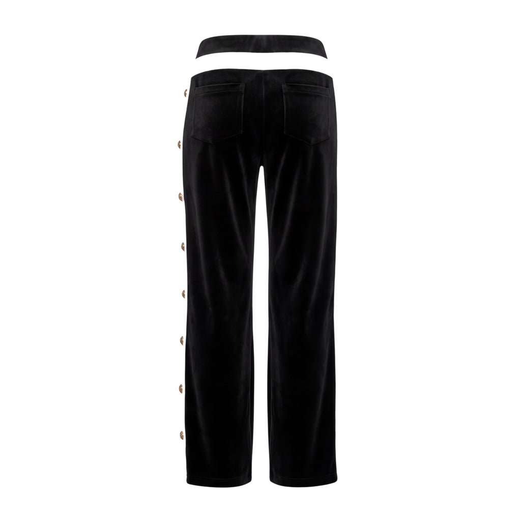 BALMAIN BLACK AND WHITE VELVET LOGO BUTTON TROUSERS - SIZE 38