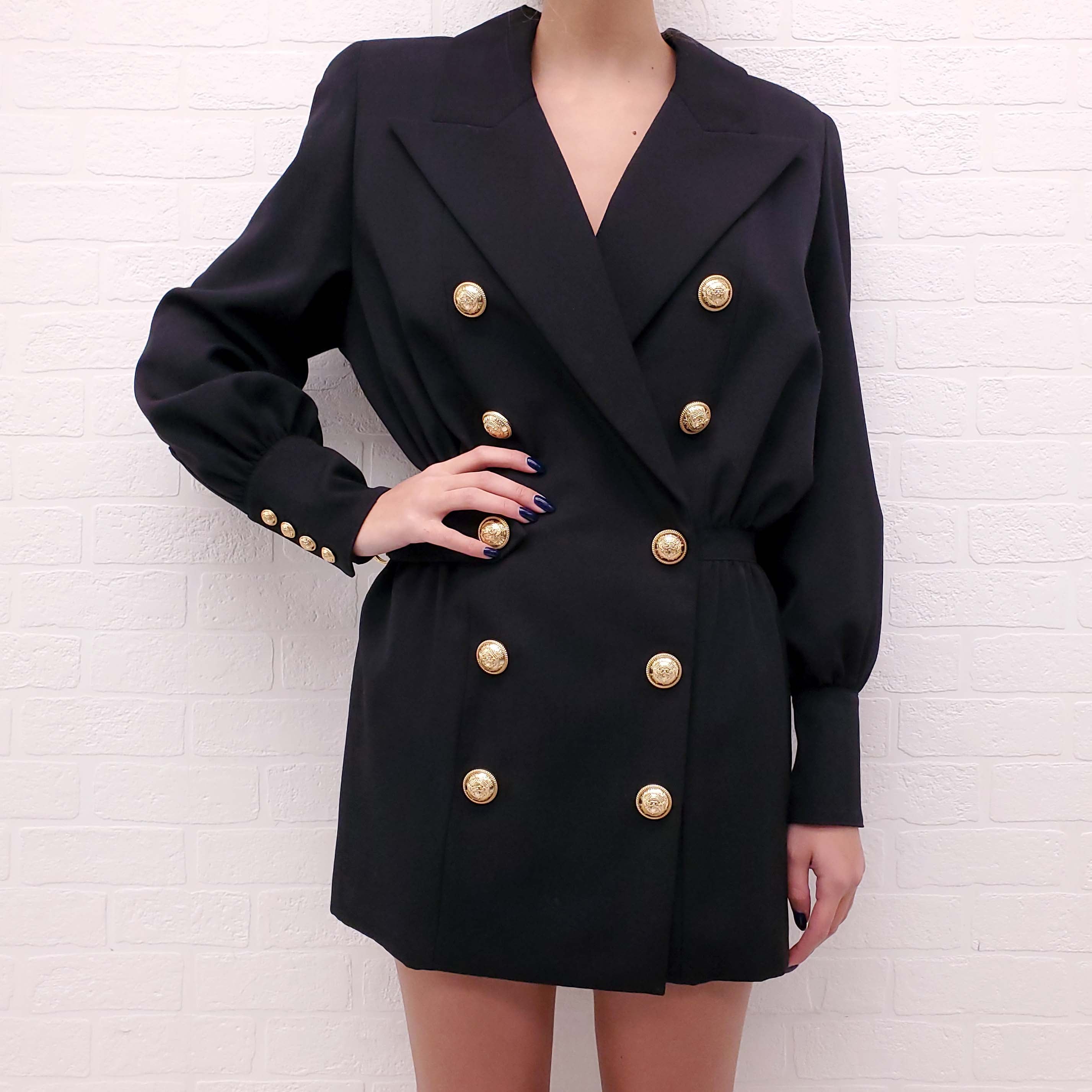BALMAIN BLACK BLAZER DRESS WITH GOLD LOGO BUTTONS - SIZE 34