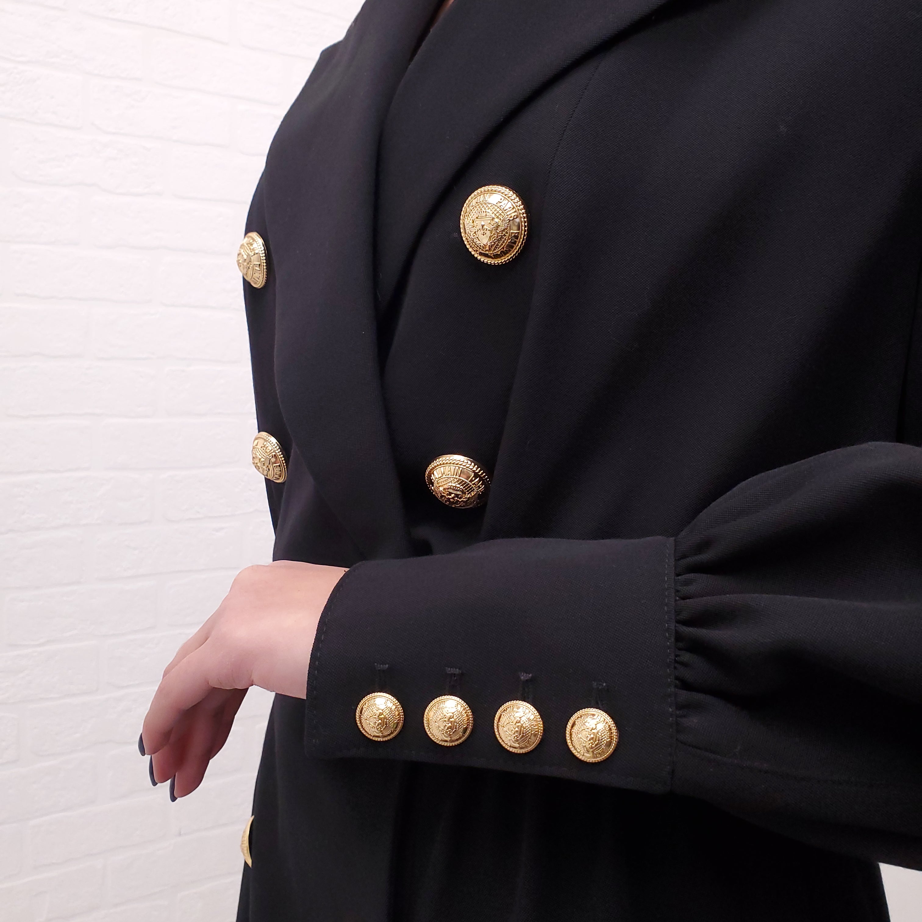 BALMAIN BLACK BLAZER DRESS WITH GOLD LOGO BUTTONS - SIZE 34
