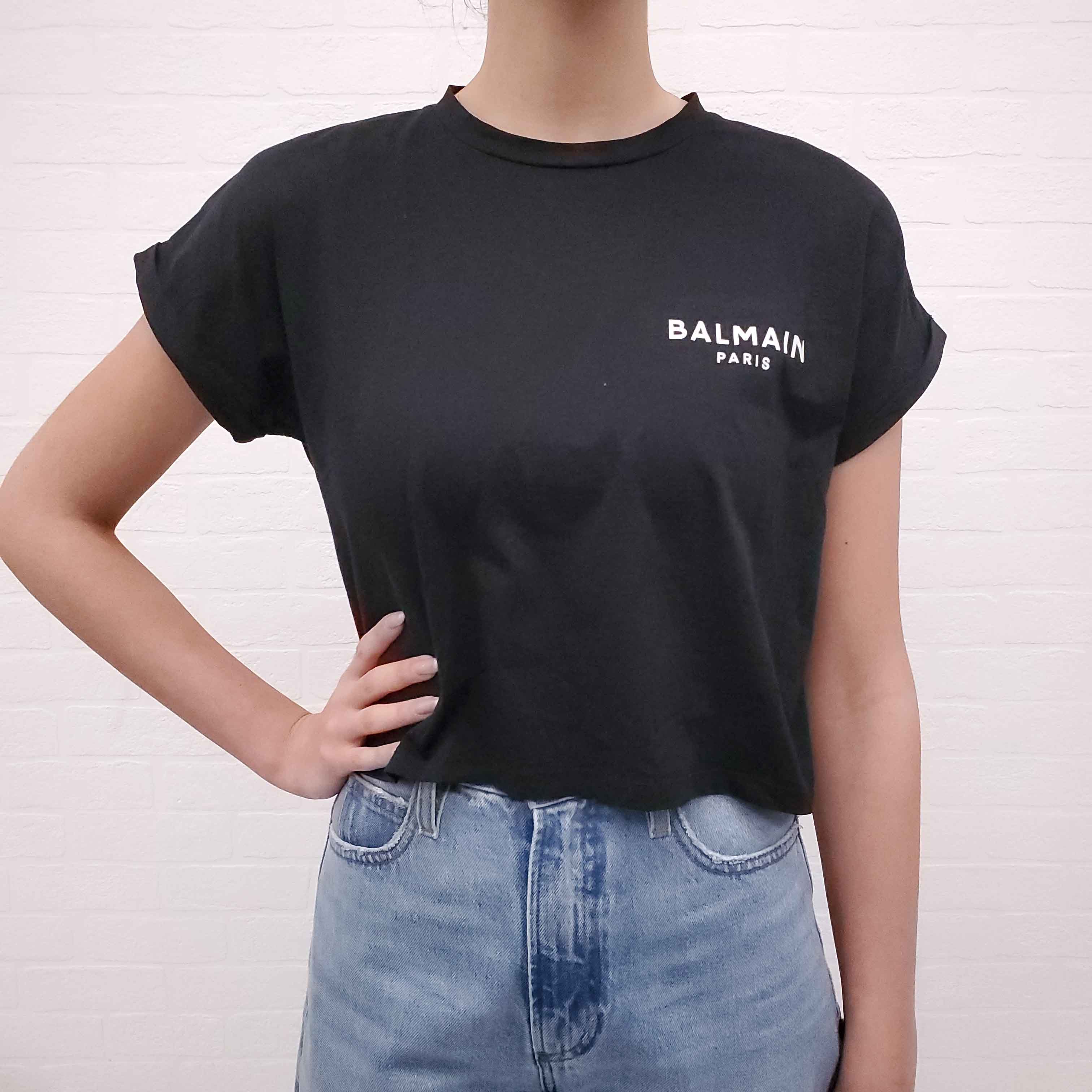BALMAIN BLACK CROPPED LOGO T-SHIRT - SIZE XS