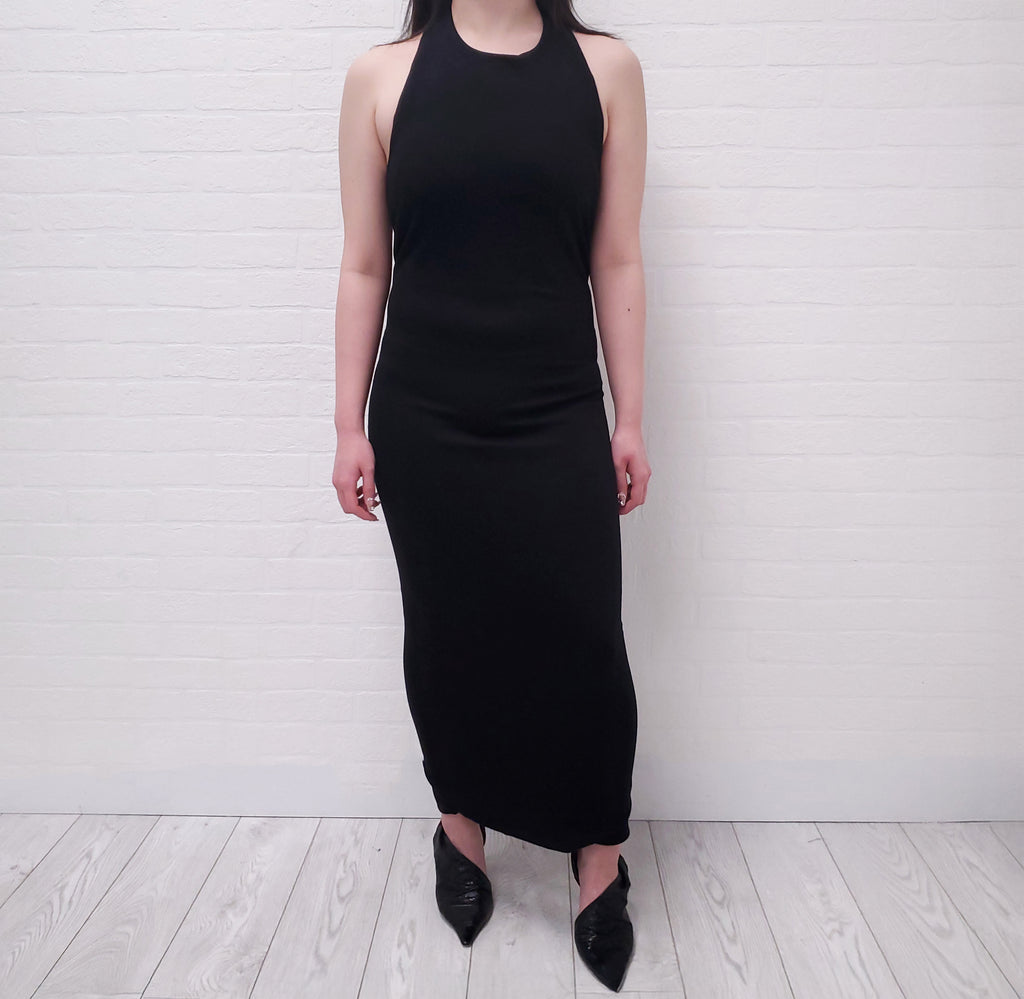 BALMAIN BLACK HALTER DRESS WITH LOGO BUTTON CLASP - SIZE 38