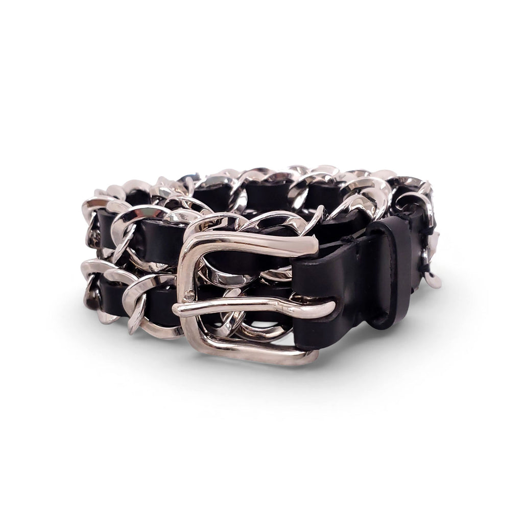 BALMAIN BLACK LEATHER CHAIN LINK BELT - SIZE 80