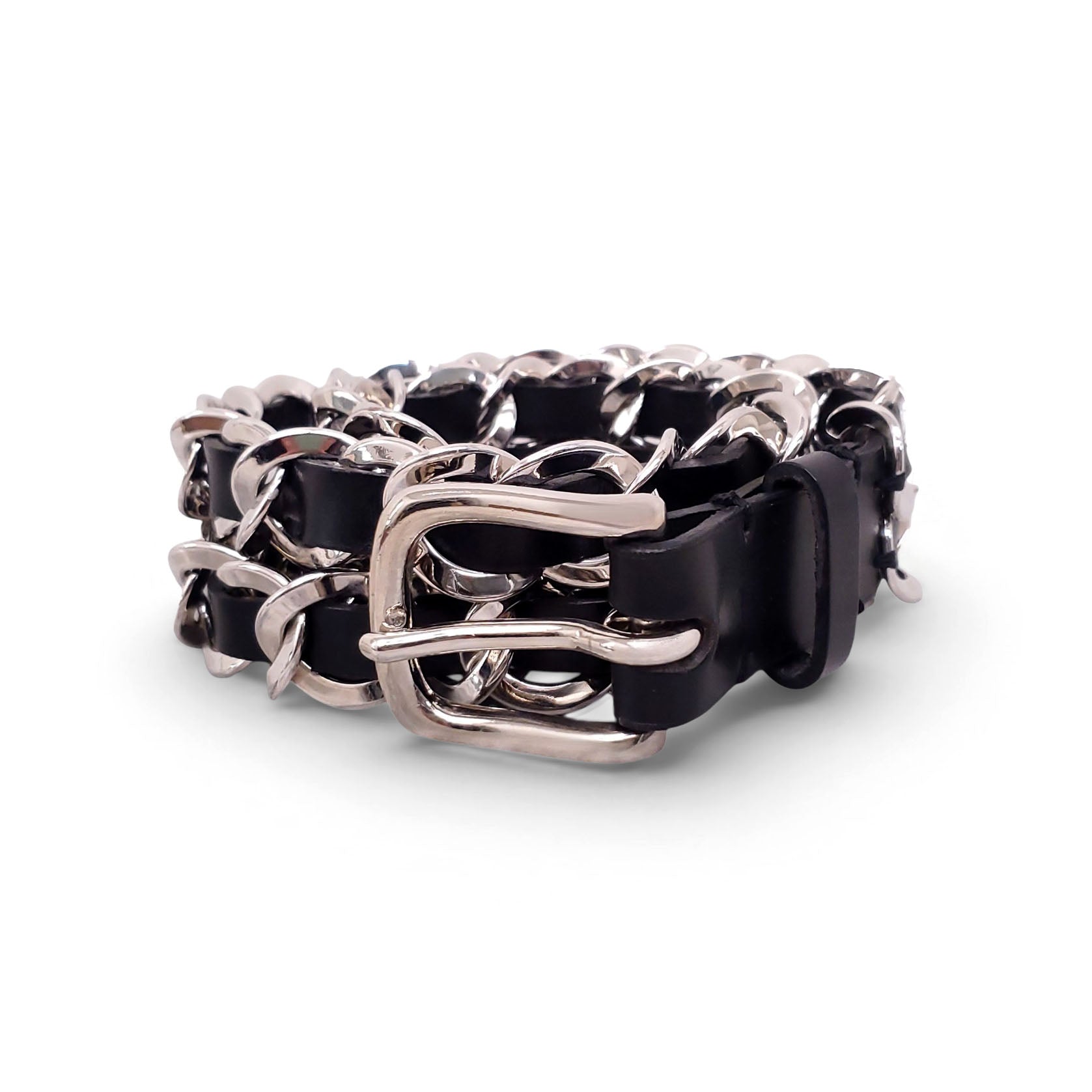 BALMAIN BLACK LEATHER CHAIN LINK BELT - SIZE 80