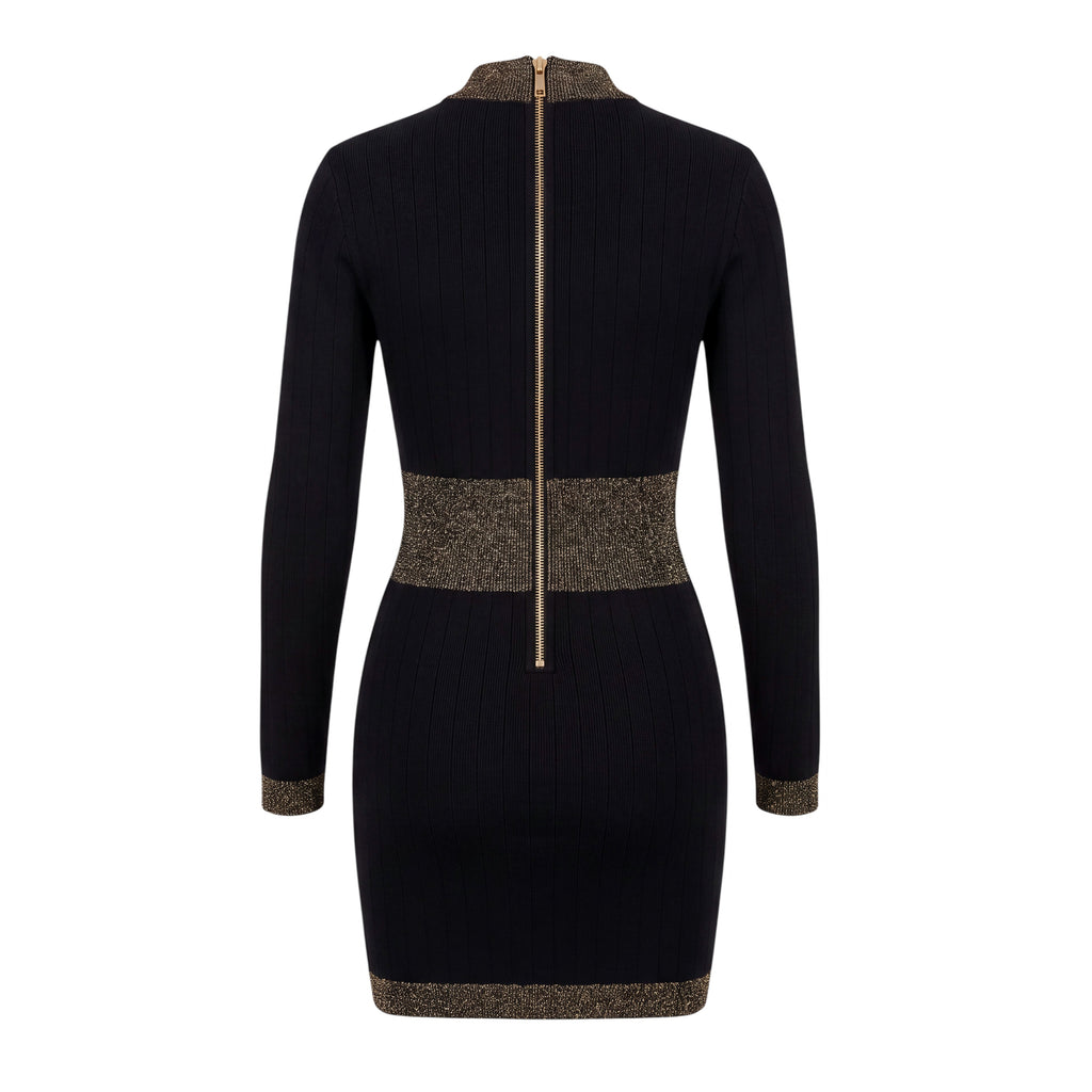BALMAIN BLACK LONG SLEEVE DRESS WITH GOLD BUTTONS - SIZE 40