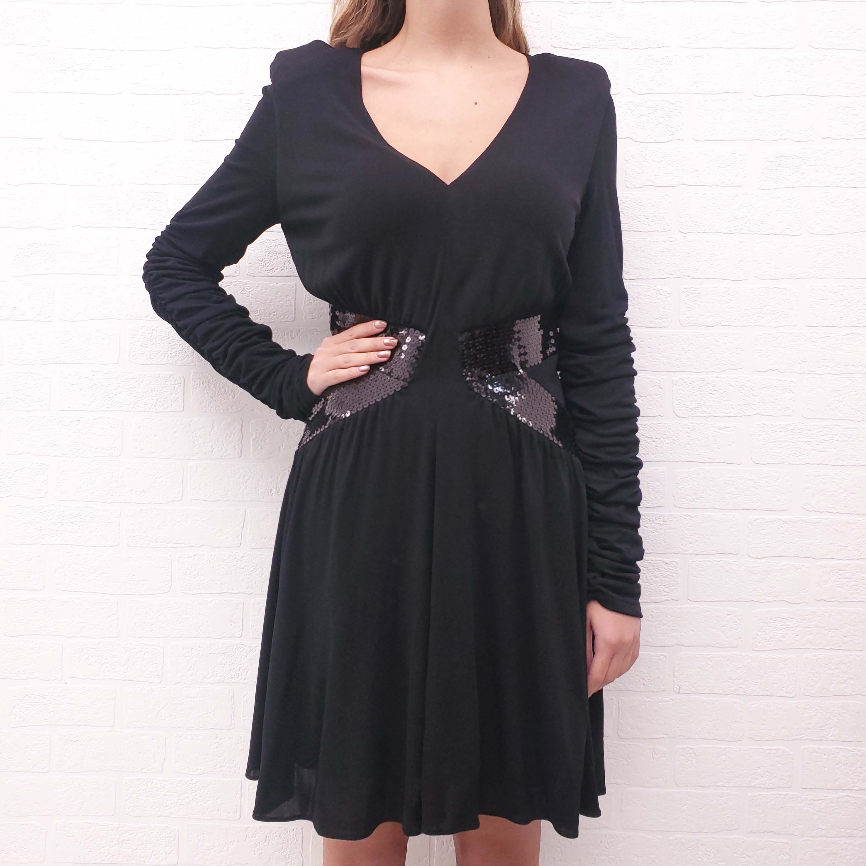 BALMAIN BLACK ROUCHED SEQUIN DRESS - SIZE 42