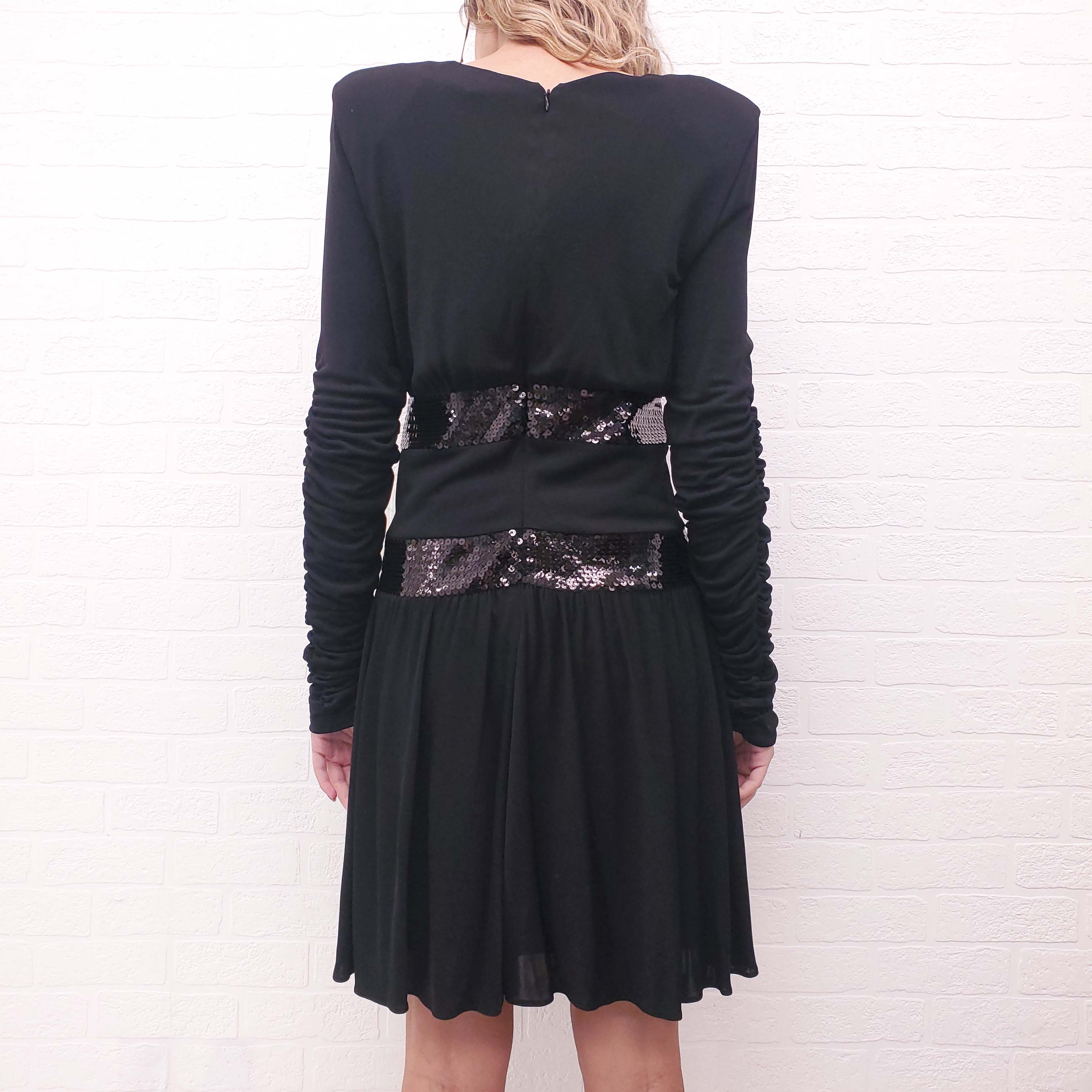 BALMAIN BLACK ROUCHED SEQUIN DRESS - SIZE 42