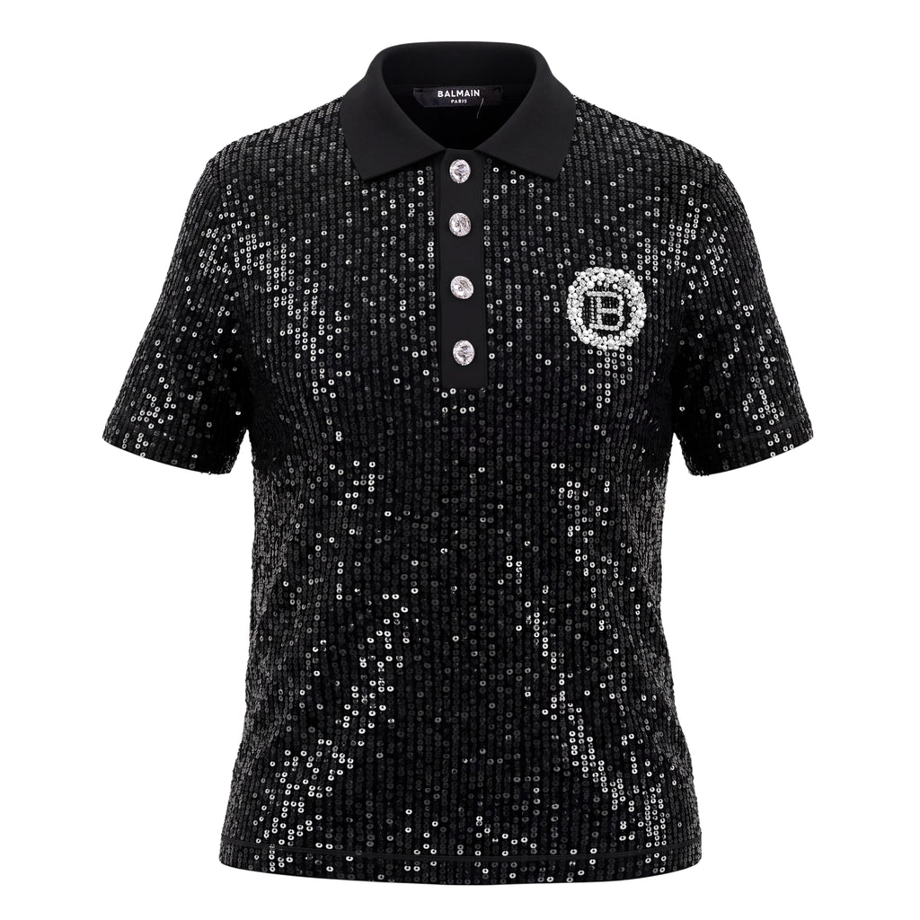 BALMAIN BLACK SEQUIN SHORT SLEEVE POLO WITH CRYSTAL LOGO - SIZE 36