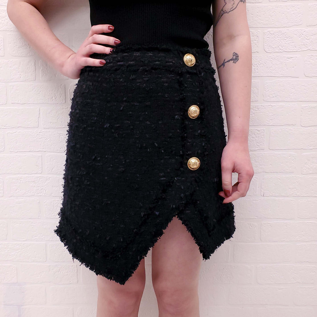 BALMAIN BLACK TWEED SKIRT WITH GOLD LOGO BUTTONS - SIZE 40