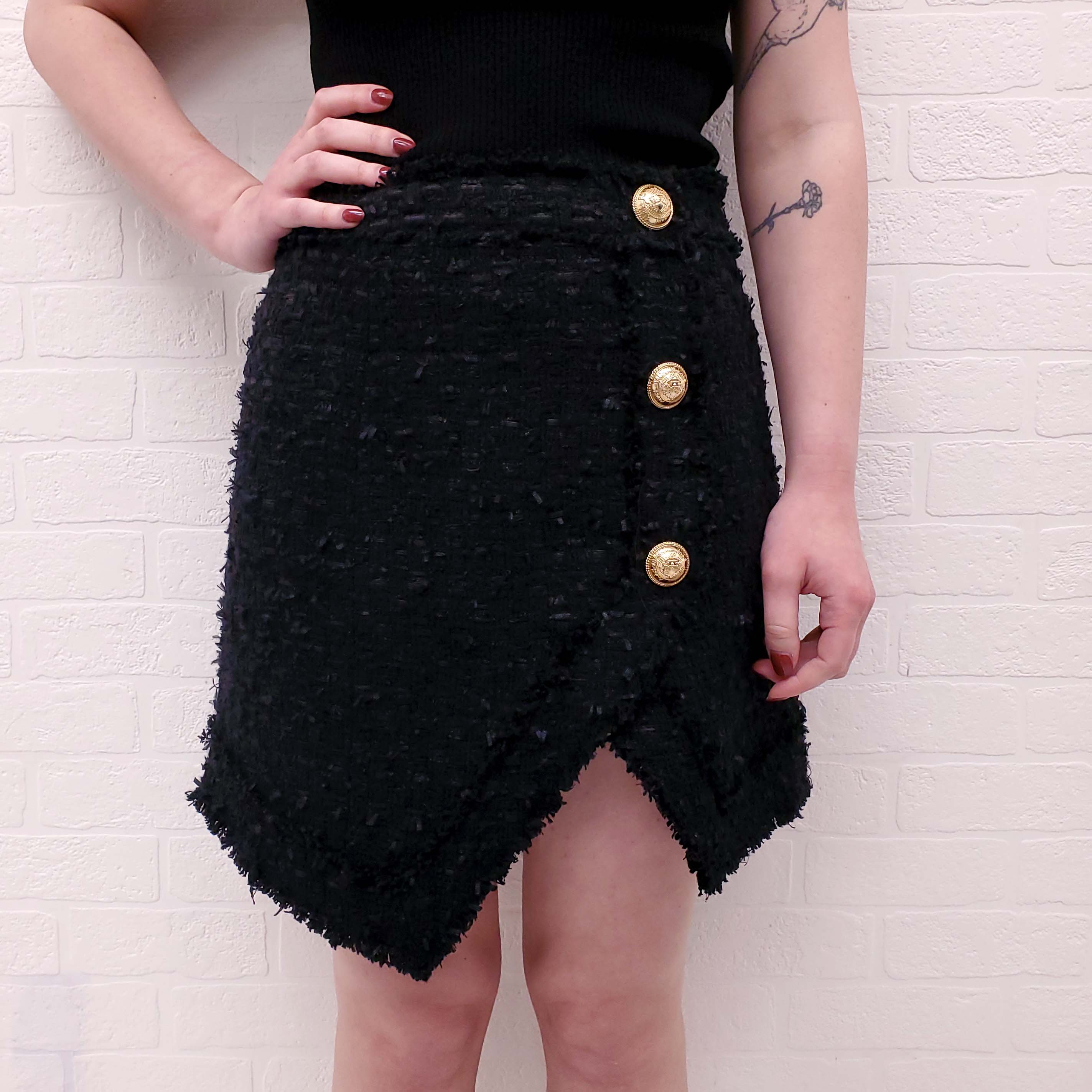 BALMAIN BLACK TWEED SKIRT WITH GOLD LOGO BUTTONS - SIZE 40