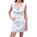 BALMAIN BLUE AND WHITE GINGHAM TWEED DRESS WITH GOLD BUTTONS - SIZE 40