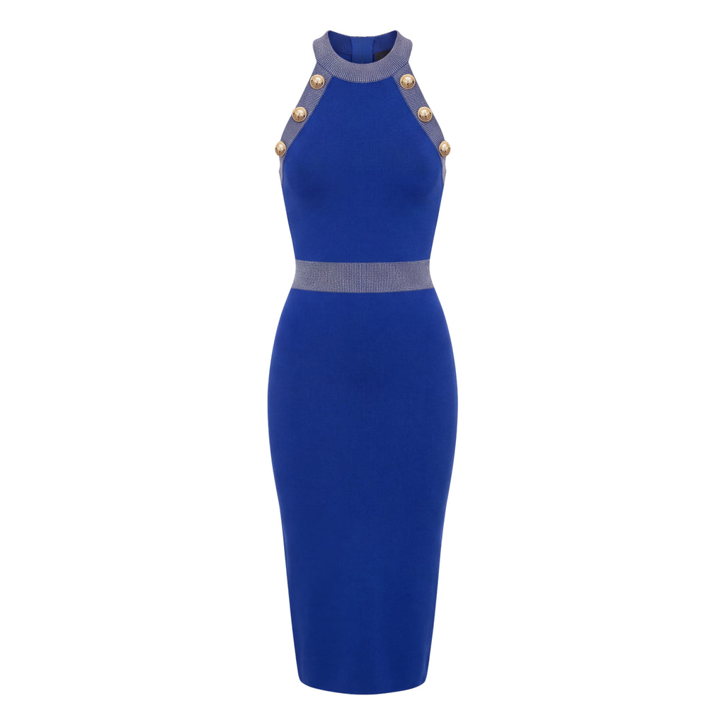 BALMAIN BLUE KNIT MAXI DRESS SLEEVELESS WITH GOLD BUTTONS - SIZE 40