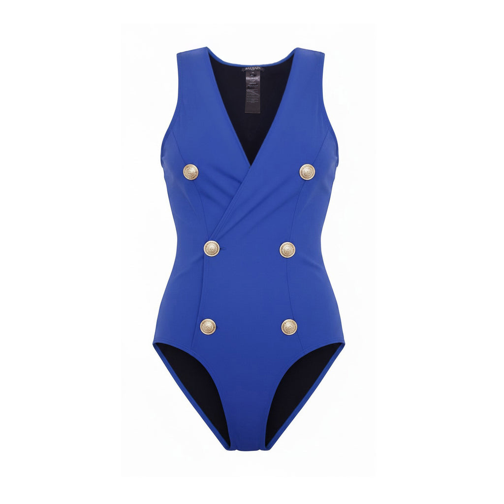 BALMAIN BLUE LOGO BUTTON EMBOSSED BATHING SUIT - SIZE 36