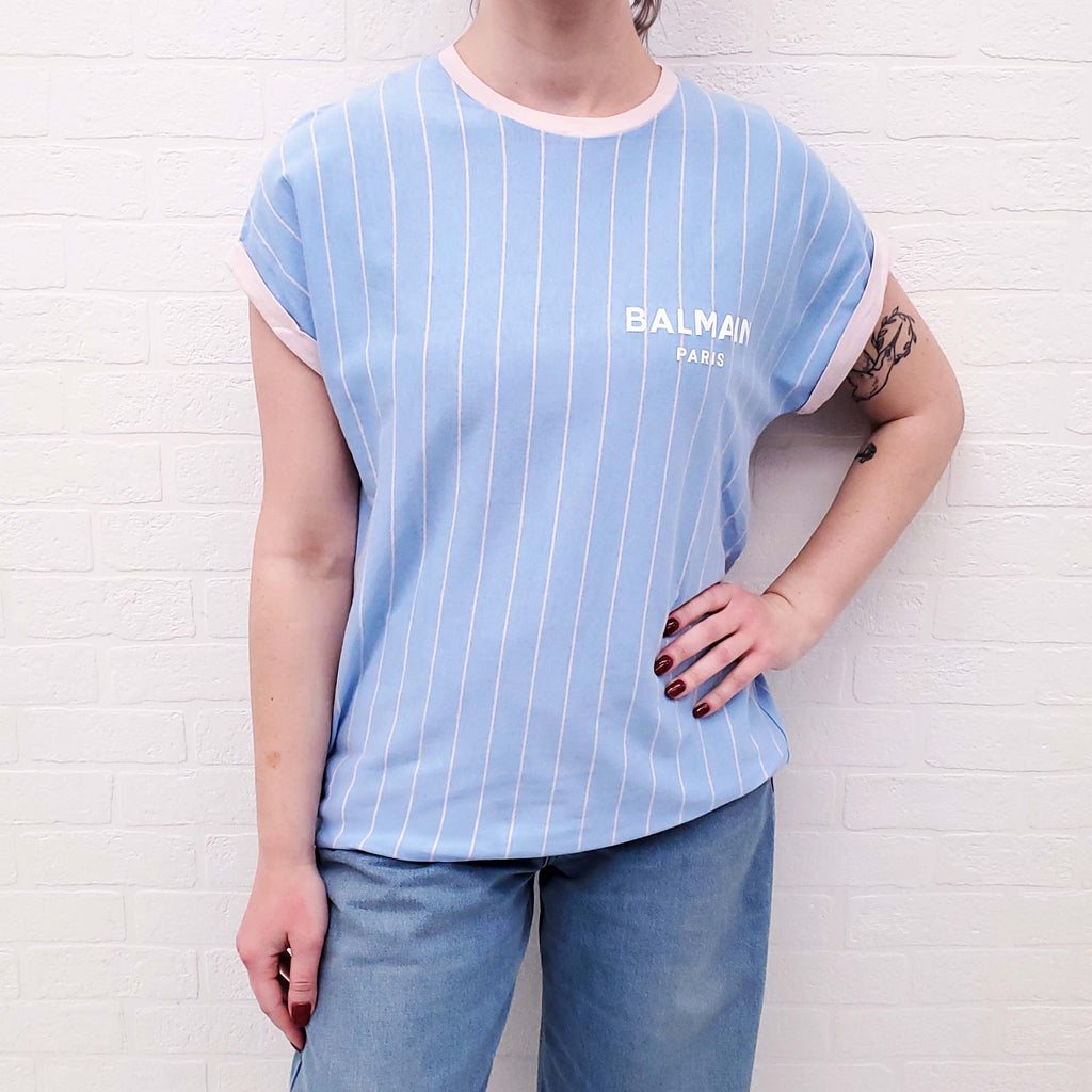 BALMAIN BLUE STRIPED LOGO T-SHIRT - SIZE M