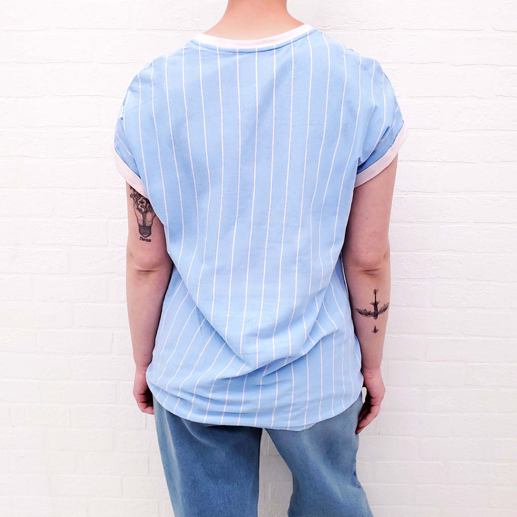 BALMAIN BLUE STRIPED LOGO T-SHIRT - SIZE M