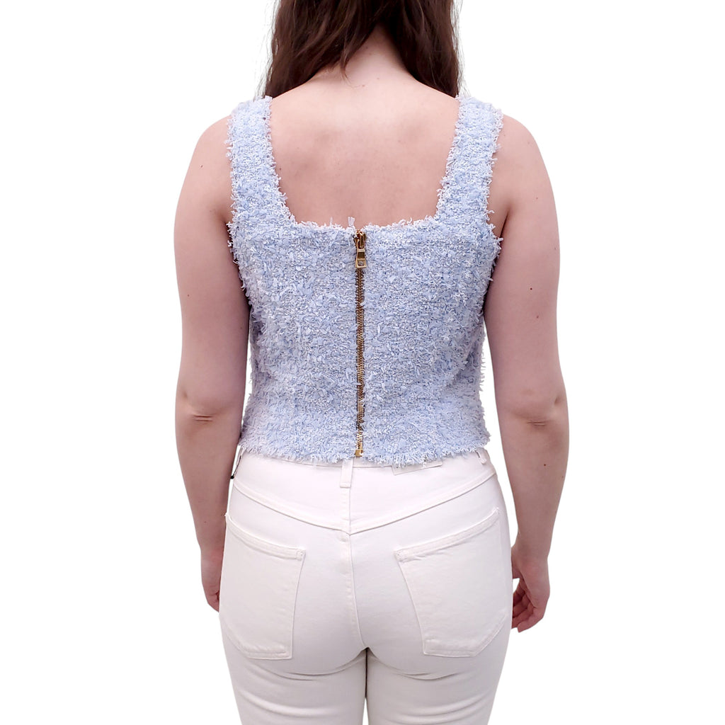 BALMAIN BLUE TWEED BOUCLÉ TOP WITH GOLD BUTTONS - SIZE 44