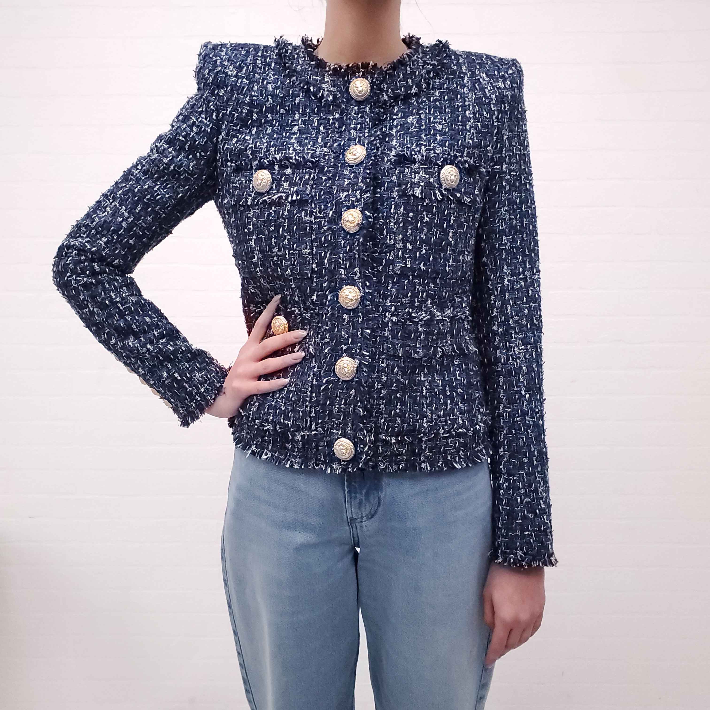 BALMAIN BLUE TWEED JACKET WITH GOLD LOGO BUTTONS -  SIZE 36