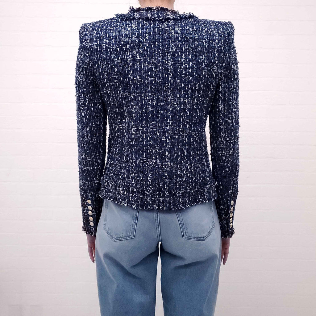 BALMAIN BLUE TWEED JACKET WITH GOLD LOGO BUTTONS -  SIZE 36