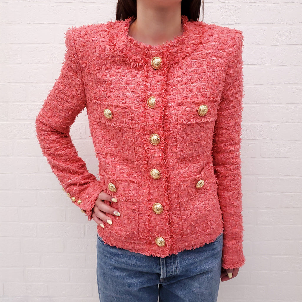 BALMAIN CORAL PINK TWEED JACKET WITH GOLD LOGO BUTTONS - SIZE 34