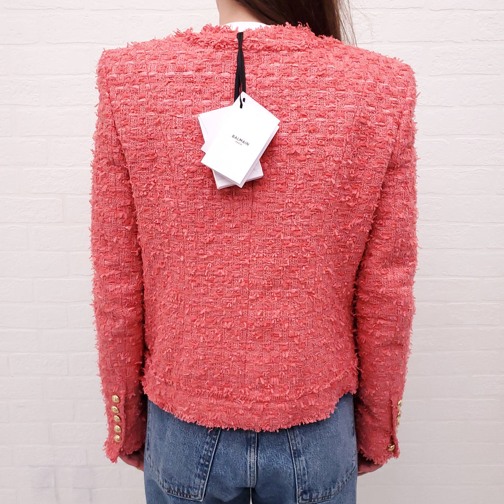 BALMAIN CORAL PINK TWEED JACKET WITH GOLD LOGO BUTTONS - SIZE 34