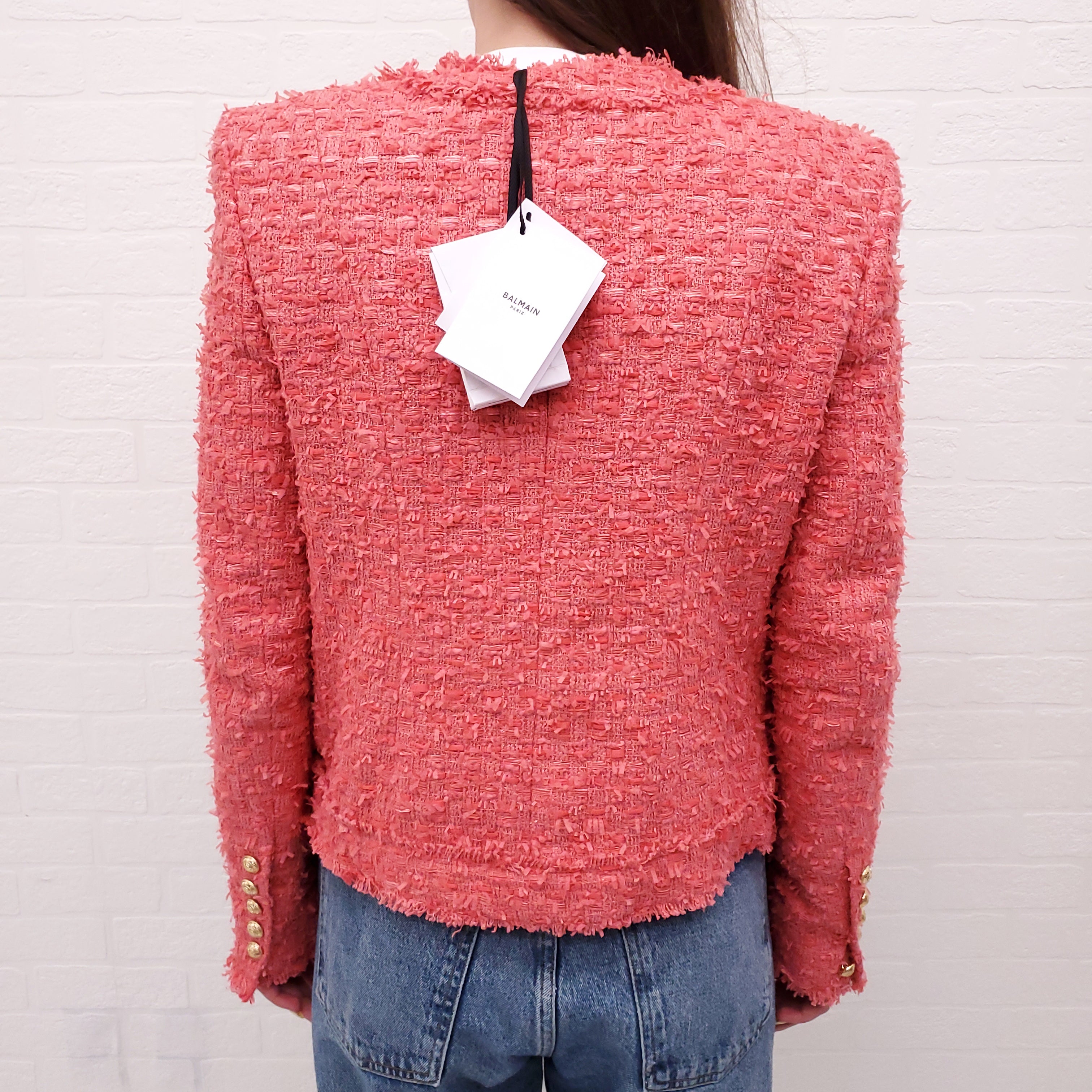 BALMAIN CORAL PINK TWEED JACKET WITH GOLD LOGO BUTTONS - SIZE 34