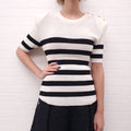 BALMAIN CREAM AND BLACK STRIPED SHORT SLEEVE SWEATER WITH LOGO BUTTONS - SIZE 38