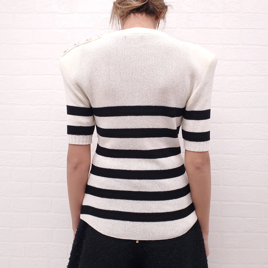 BALMAIN CREAM AND BLACK STRIPED SHORT SLEEVE SWEATER WITH LOGO BUTTONS - SIZE 38