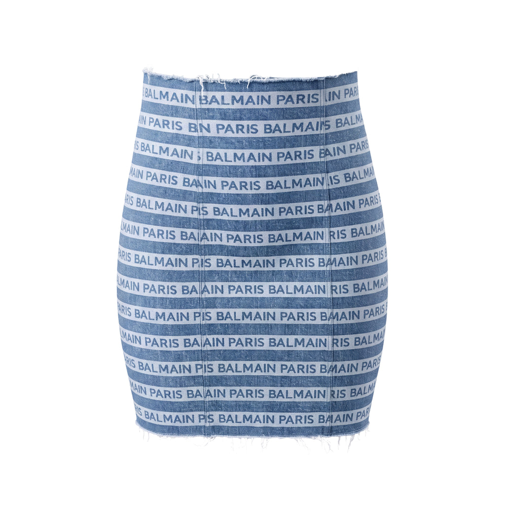 BALMAIN DISTRESSED LOGO DENIM SKIRT WITH GOLD ZIPPER DETAIL - SIZE 40