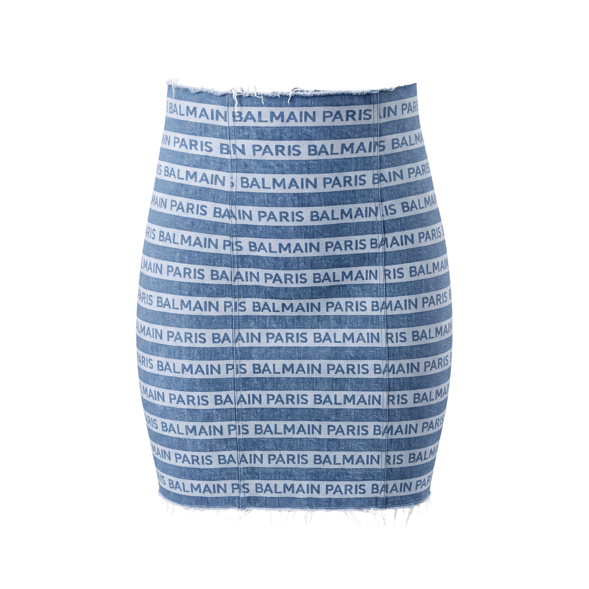 BALMAIN DISTRESSED LOGO DENIM SKIRT WITH GOLD ZIPPER DETAIL - SIZE 40