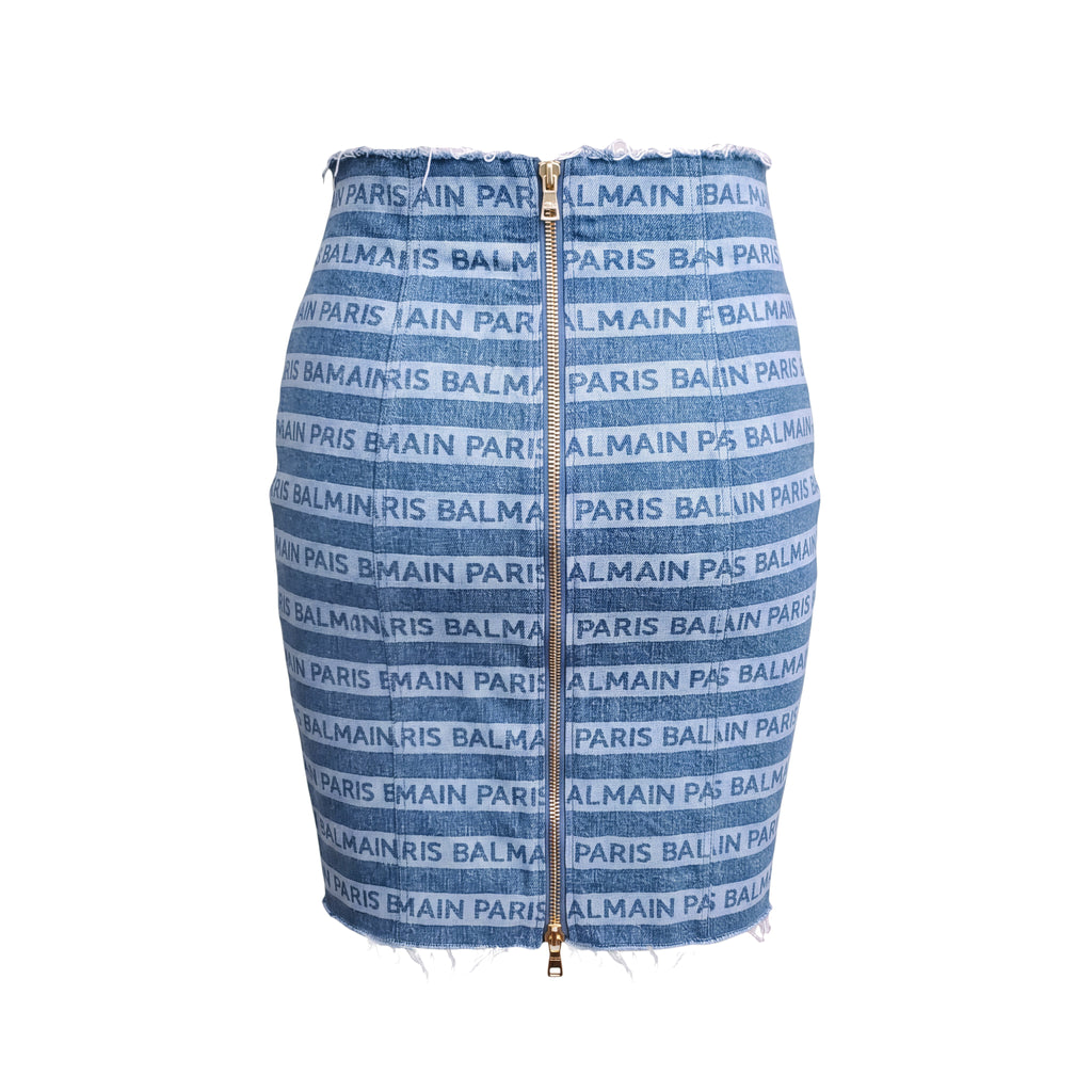 BALMAIN DISTRESSED LOGO DENIM SKIRT WITH GOLD ZIPPER DETAIL - SIZE 40
