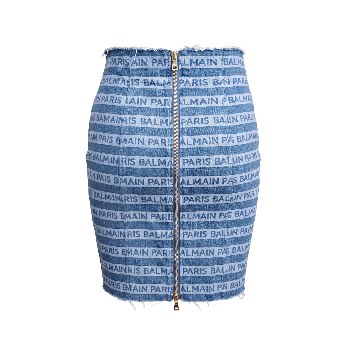 BALMAIN DISTRESSED LOGO DENIM SKIRT WITH GOLD ZIPPER DETAIL - SIZE 40