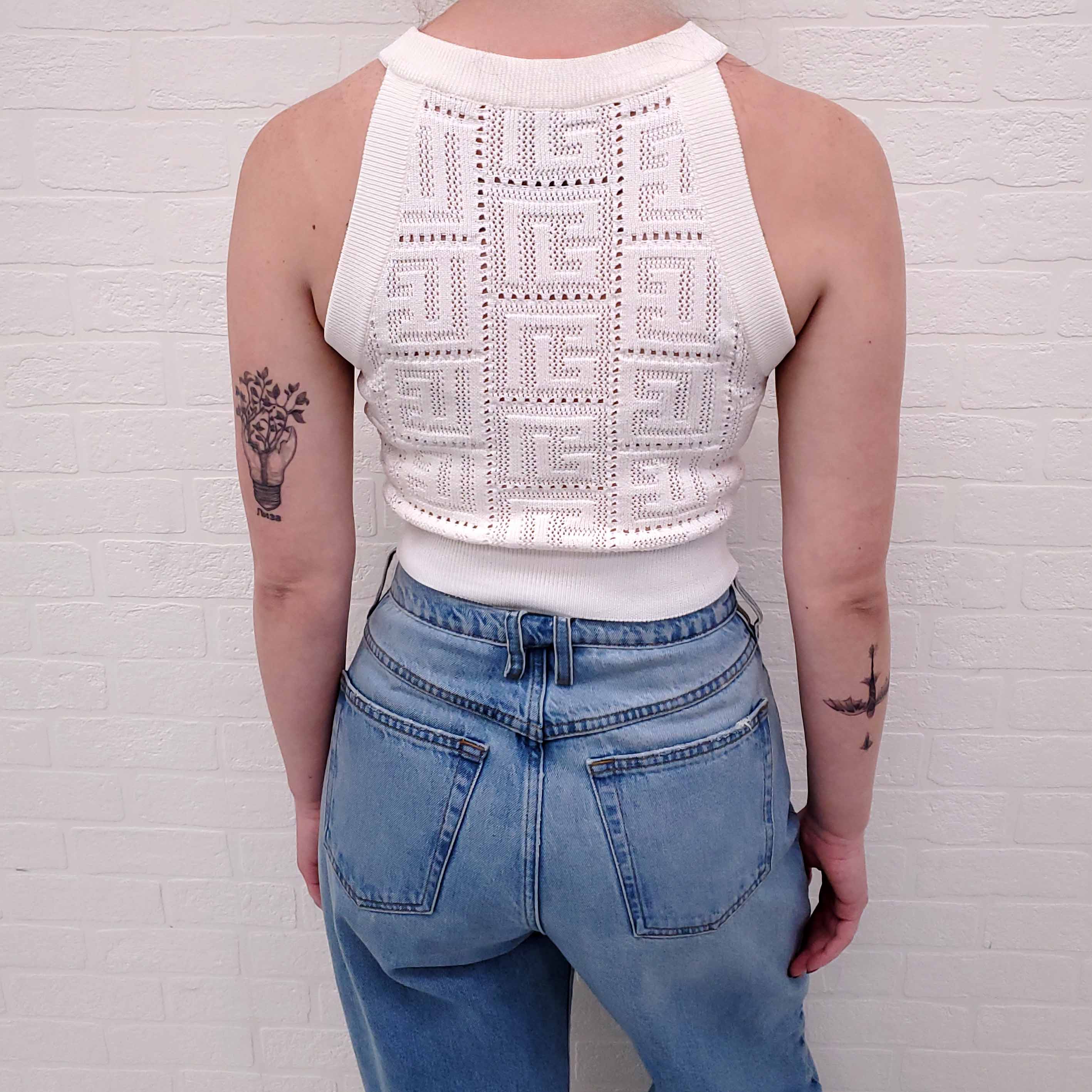 BALMAIN GRAPHIC WHITE CROPPED TOP - SIZE 34