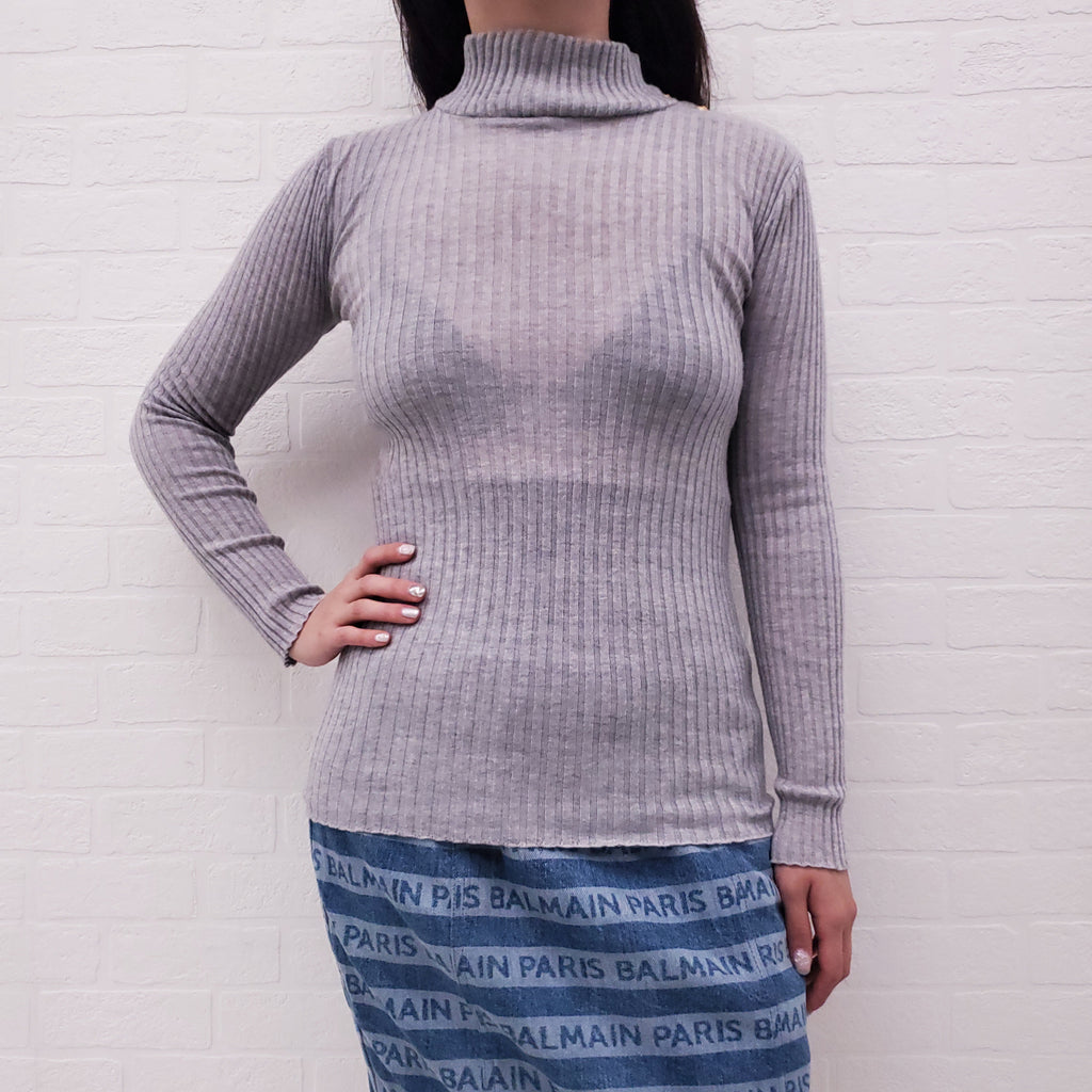 BALMAIN GREY RIBBED LONG SLEEVE WITH GOLD LOGO BUTTONS - SIZE XS