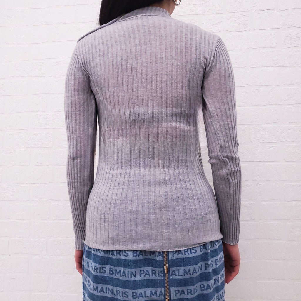 BALMAIN GREY RIBBED LONG SLEEVE WITH GOLD LOGO BUTTONS - SIZE XS