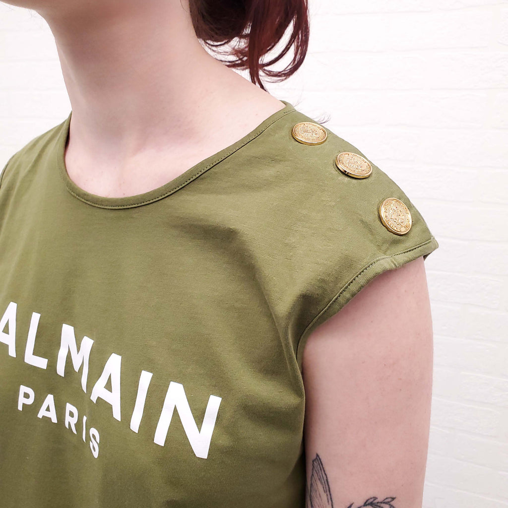 BALMAIN KAKI GREEN LOGO TANK WITH LOGO BUTTONS - SIZE L
